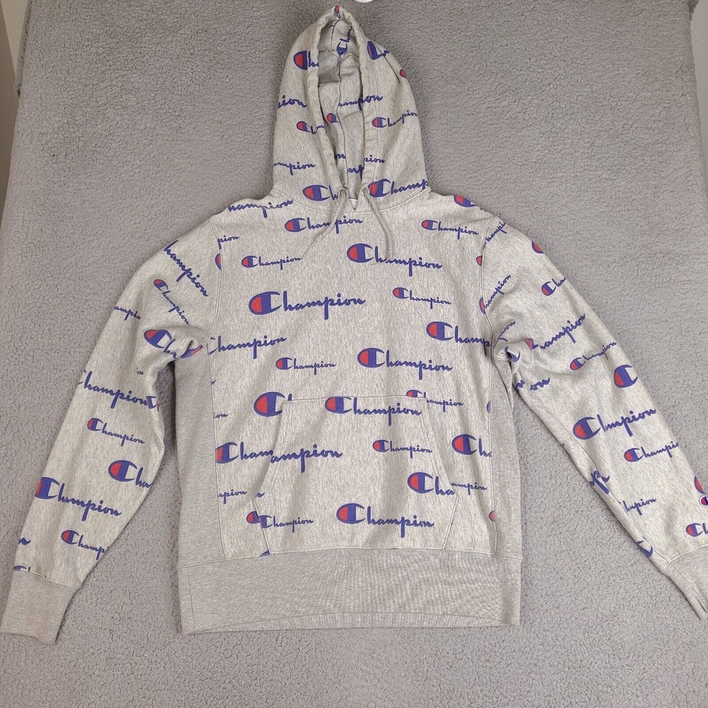 Champion Reverse Weave Hoodie Sweatshirt Mens Large All Over Print Spellout Gray